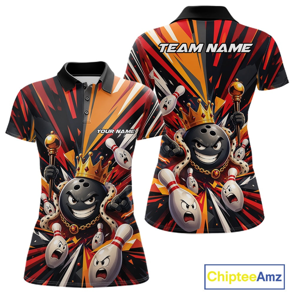 Front and back view of a women's bowling polo shirt mockup featuring a crowned cartoon bowling ball holding a royal scepter, animated bowling pins, and colorful burst artwork on a black, red, and orange shirt.