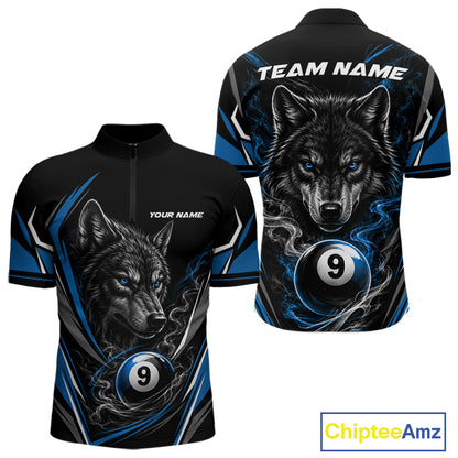Custom Black And Blue Smoke Flame 9 Ball And Wolf Billiards Men Quarter Zip Shirt, Pool Shirt IPHW11677
