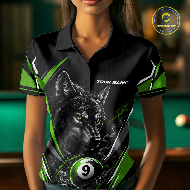 Custom Black And Green Smoke Flame 9 Ball And Wolf Billiards Women Polo Shirt, Pool Shirt IPHW11678