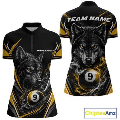 Custom Black And Yellow Smoke Flame 9 Ball And Wolf Billiards Women Quarter-Zip Shirt IPHW11679