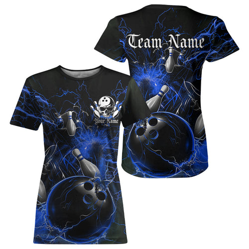 Black And Blue Thunder Lightning Custom Bowling T-Shirts For Women, Bowling Team Uniform IPHW7262
