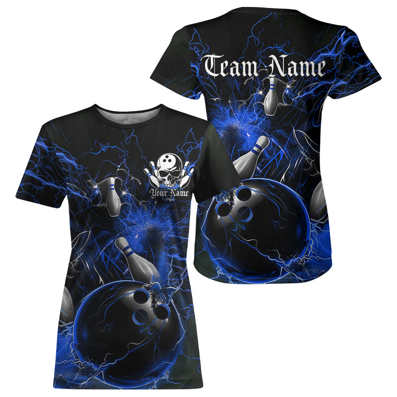 Black And Blue Thunder Lightning Custom Bowling T-Shirts For Women, Bowling Team Uniform IPHW7262