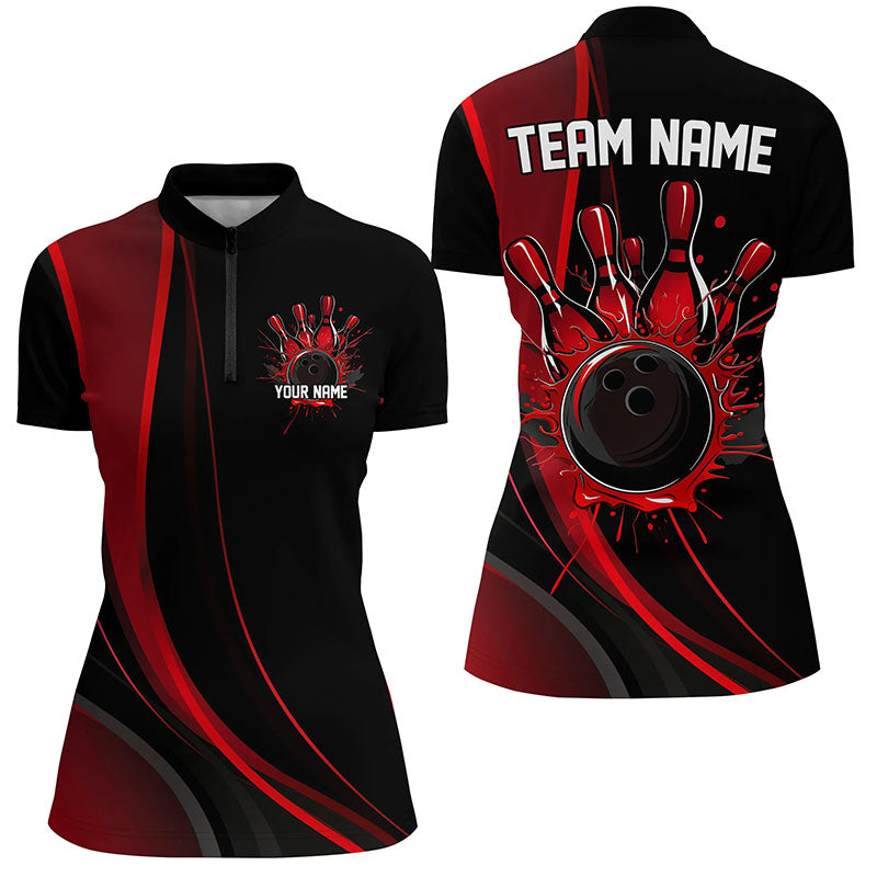 Custom Black And Red Ladies Bowling Shirts, Classic Bowling Uniform Bowling League Shirts IPHW7267