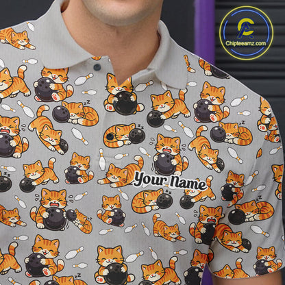 Custom Cute Ginger Tabby Cat Bowling Men Polo Shirts, Cat Bowling Team Shirt IPHW10304