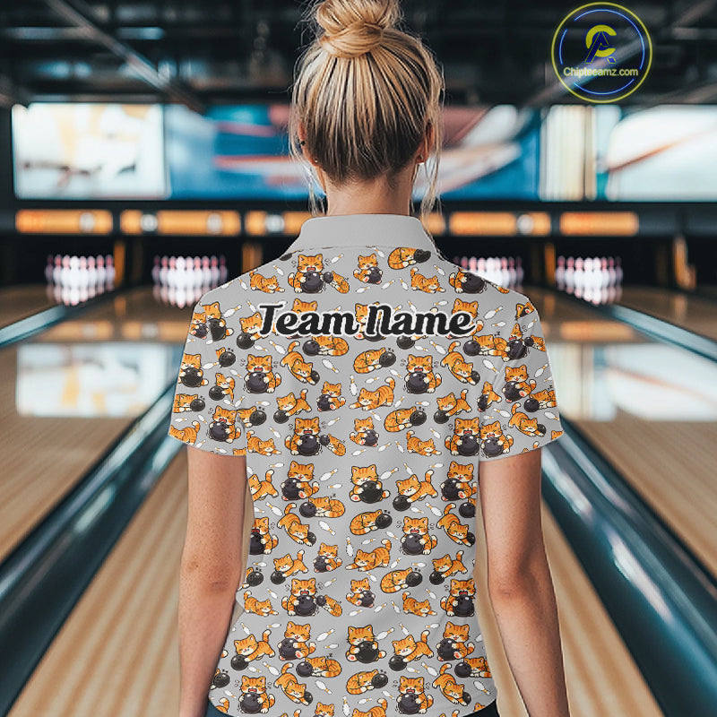 Custom Cute Ginger Tabby Cat Bowling Women Polo Shirts, Cat Bowling Team Shirt IPHW10304