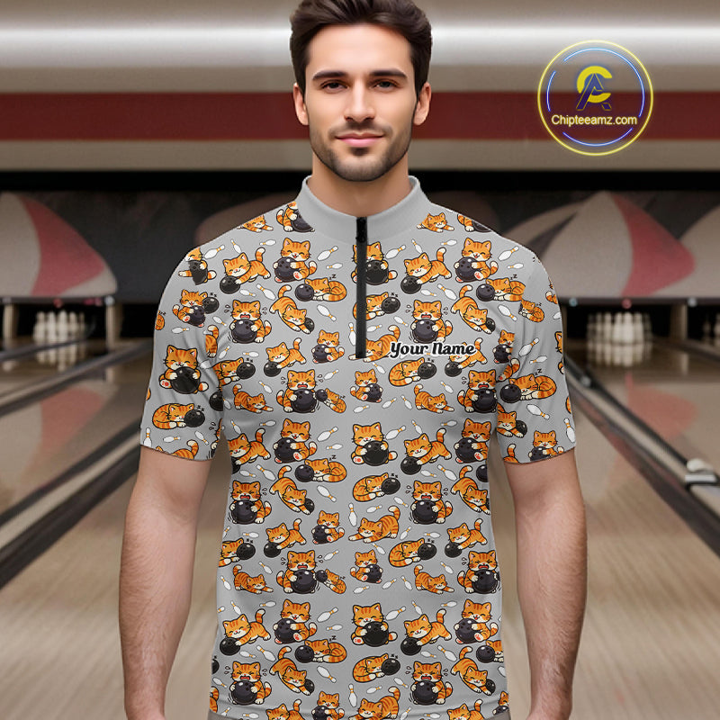 Custom Cute Ginger Tabby Cat Bowling Men Quarter-Zip Shirts, Cat Bowling Team Shirt IPHW10304
