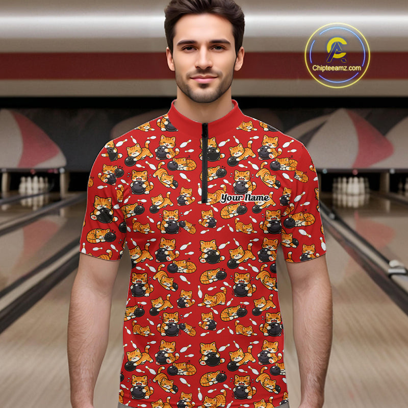 Custom Cute Ginger Tabby Cat Bowling Men Quarter-Zip Shirts, Cat Bowling Team Shirt IPHW10305