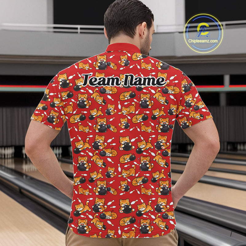 Custom Cute Ginger Tabby Cat Bowling Men Quarter-Zip Shirts, Cat Bowling Team Shirt IPHW10305