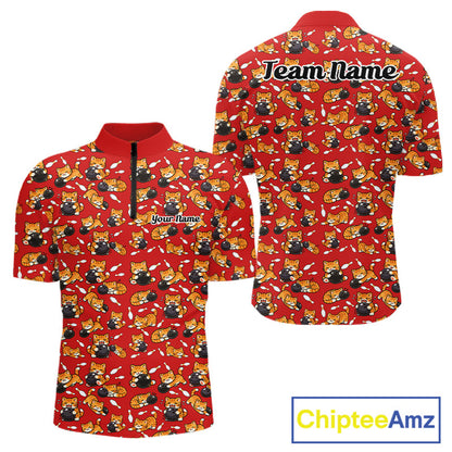 Custom Cute Ginger Tabby Cat Bowling Men Quarter-Zip Shirts, Cat Bowling Team Shirt IPHW10305