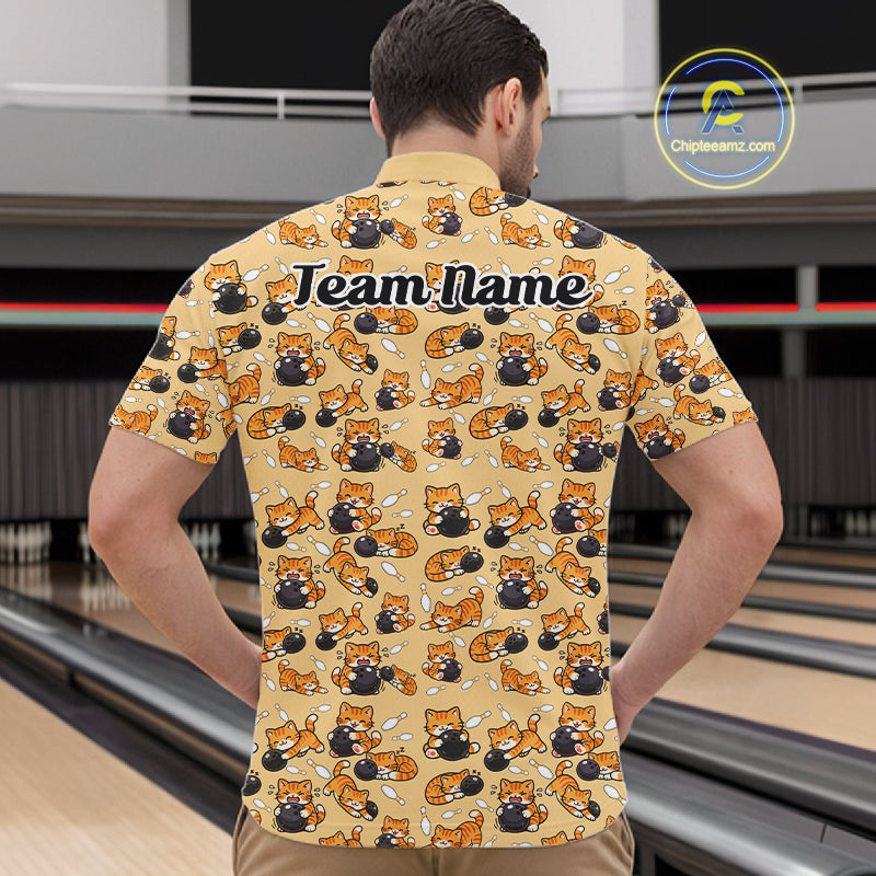 Custom Cute Ginger Tabby Cat Bowling Men Quarter-Zip Shirts, Cat Bowling Team Shirt IPHW10306