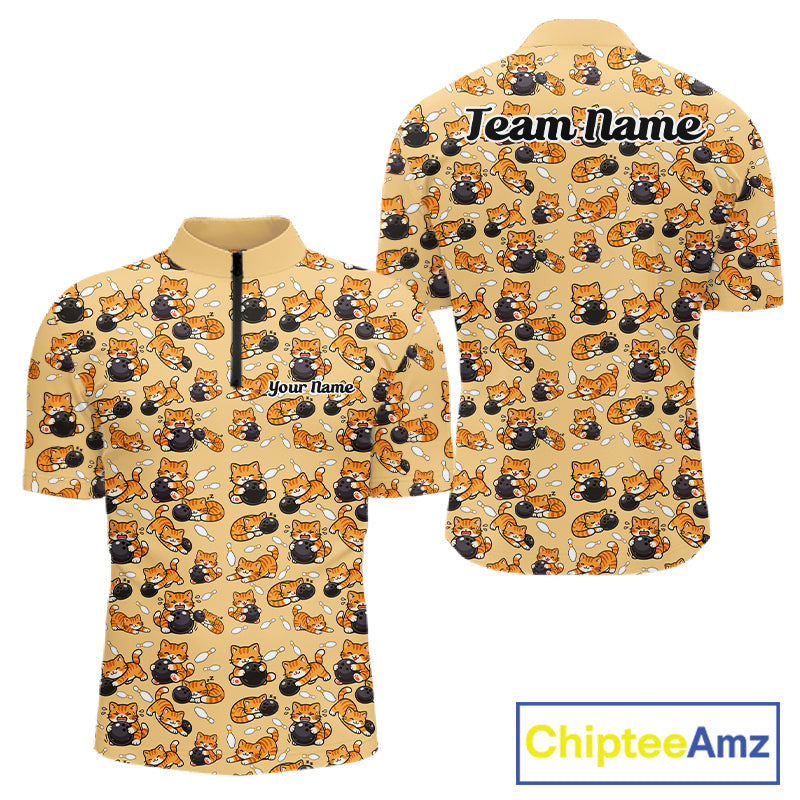 Custom Cute Ginger Tabby Cat Bowling Men Quarter-Zip Shirts, Cat Bowling Team Shirt IPHW10306
