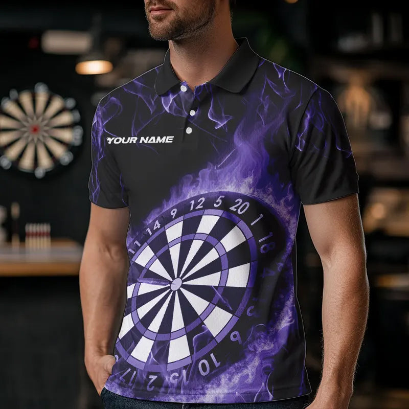 Custom Black And Purple Fire Flame Dartboard Dart Polo Shirts For Men, Dart Tournament Shirt IPHW8495