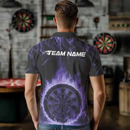 Custom Black And Purple Fire Flame Dartboard Dart Polo Shirts For Men, Dart Tournament Shirt IPHW8495