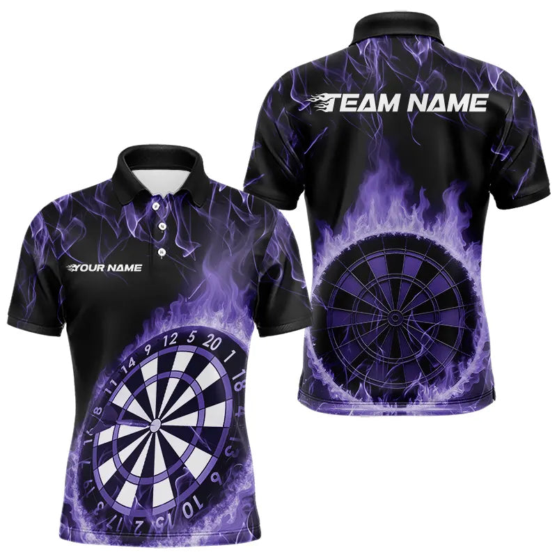 Custom Black And Purple Fire Flame Dartboard Dart Polo Shirts For Men, Dart Tournament Shirt IPHW8495