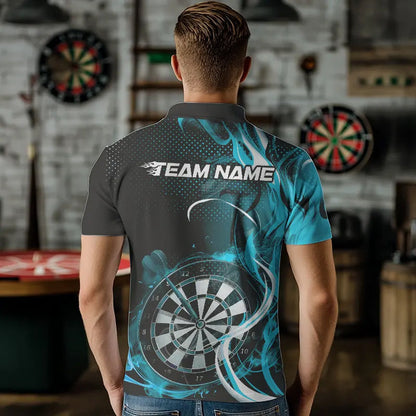 Custom Black And Blue Flame Dart Team Polo Shirts For Men, Dart Tournament Shirts IPHW8503