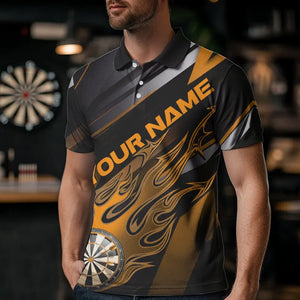 Custom Black And Yellow Flame Dartboard Dart Team Polo Shirts For Men, Fire Dart Jerseys IPHW8508