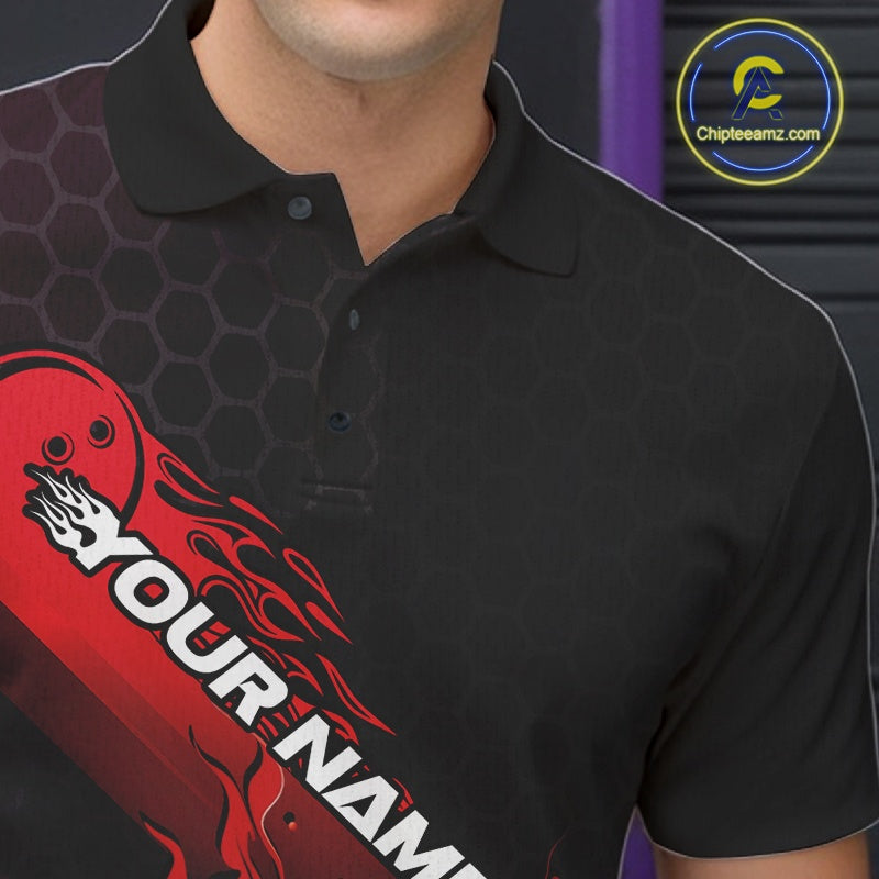 Custom Black And Red Flame Bowling Team Shirts, Bowling League Shirt Men Bowling Jersey IPHW10574
