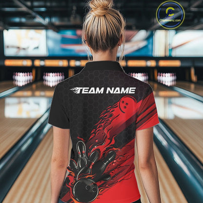 Custom Black And Red Flame Bowling Team Shirt, Bowling League Shirt Women Bowling Jersey IPHW10574