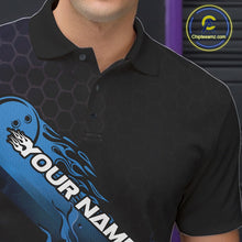 Load image into Gallery viewer, Custom Black And Blue Flame Bowling Team Shirts, Bowling League Shirt Men Bowling Jersey IPHW10575