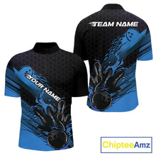 Load image into Gallery viewer, Custom Black And Blue Flame Bowling Team Shirts, Bowling League Shirt Men Bowling Jersey IPHW10575