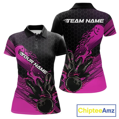Custom Black And Pink Flame Bowling Team Shirts, Bowling League Shirt Women Bowling Jersey IPHW10576