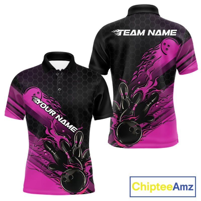 Custom Black And Pink Flame Bowling Team Shirts, Bowling League Shirt Men Bowling Jersey IPHW10576