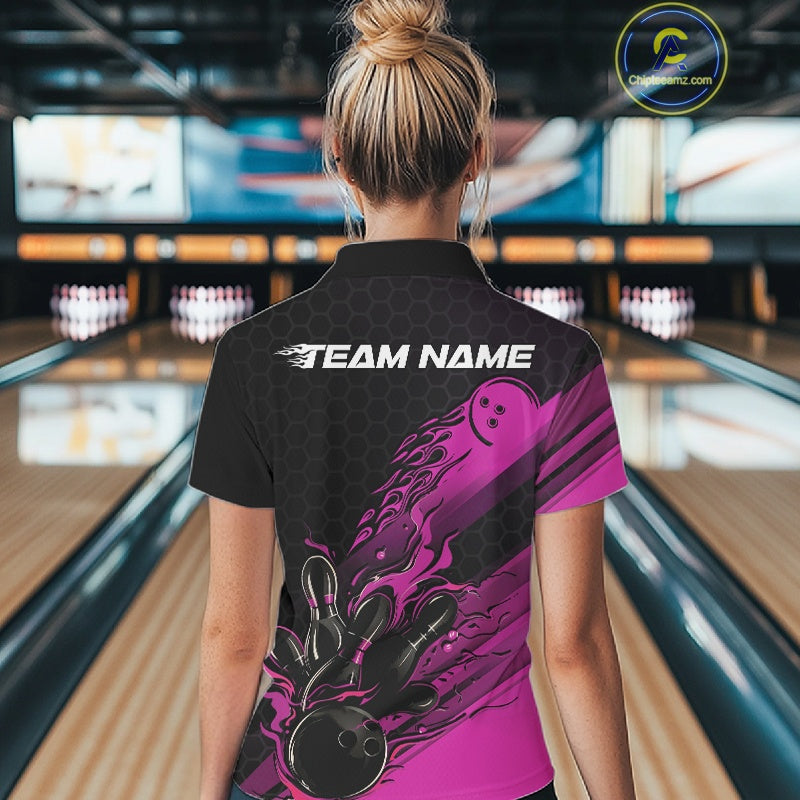Custom Black And Pink Flame Bowling Team Shirts, Bowling League Shirt Women Jersey IPHW10576