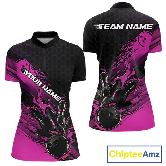 Custom Black And Pink Flame Bowling Team Shirts, Bowling League Shirt Women Jersey IPHW10576