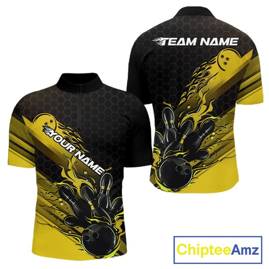 Custom Black And Yellow Flame Bowling Team Shirts, Bowling League Shirt Men Bowling Jersey IPHW10577