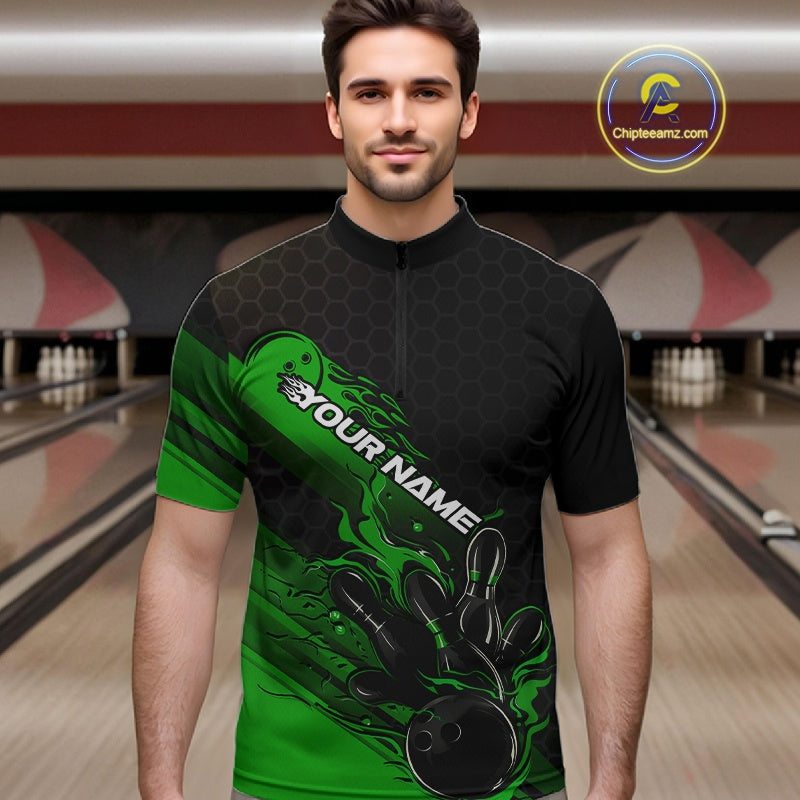 Custom Black And Green Flame Bowling Team Shirts, Bowling League Shirt Men Bowling Jersey IPHW10578