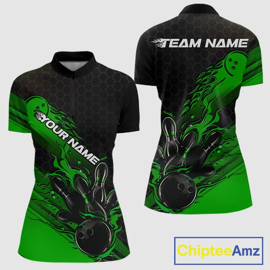 Custom Black And Green Flame Bowling Team Shirts, Bowling League Shirt Women Jersey IPHW10578