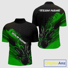 Load image into Gallery viewer, Custom Black And Green Flame Bowling Team Shirts, Bowling League Shirt Men Bowling Jersey IPHW10578