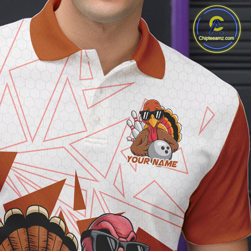 White And Orange Custom Funny Turkey Bowling Men Shirt, Bowling League Team Shirt IPHW10807