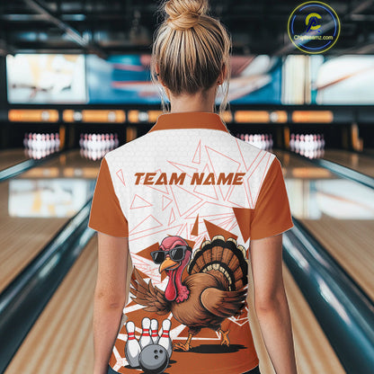 White And Orange Custom Funny Turkey Bowling Women Shirt, Bowling League Team Shirt IPHW10807