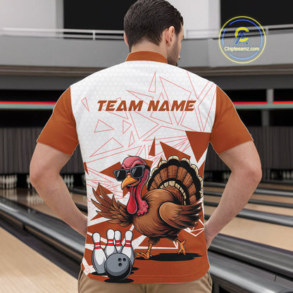White And Orange Custom Funny Turkey Bowling Men Shirt, Bowling League Team Shirt IPHW10807