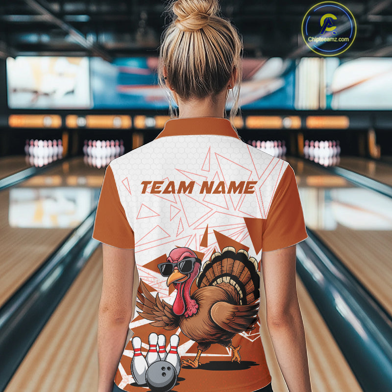 White And Orange Custom Funny Turkey Bowling Women Shirt, Bowling League Team Shirt IPHW10807