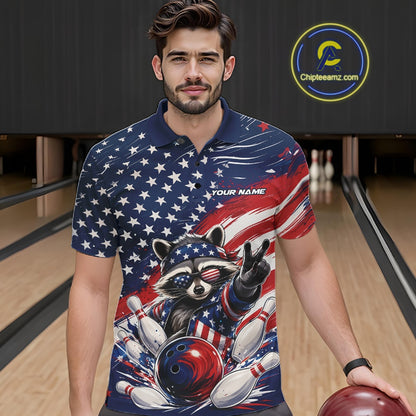 Front view of a male model wearing a bowling polo shirt with a patriotic raccoon, bowling action scene, and flowing American flag artwork inside a bowling lane.