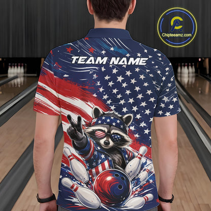 Back view of a male model wearing a bowling polo shirt showcasing a patriotic raccoon flashing a peace sign, a red, white, and blue bowling ball knocking down pins, and an American flag in a bowling lane.