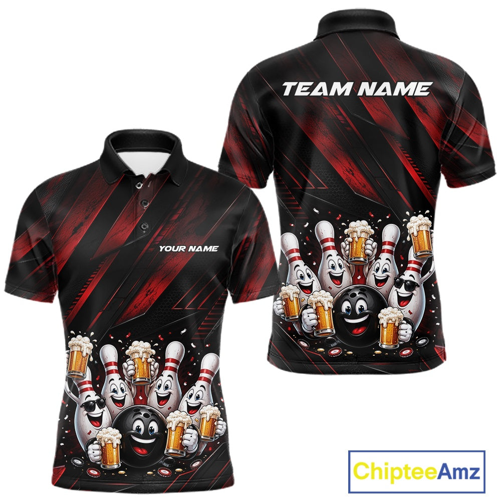 Front and back view of a men's bowling polo shirt mockup featuring funny cartoon bowling balls and pins raising frothy beer mugs with confetti and bold diagonal stripe artwork on a black and red shirt.