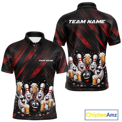Front and back view of a men's bowling polo shirt mockup featuring funny cartoon bowling balls and pins raising frothy beer mugs with confetti and bold diagonal stripe artwork on a black and red shirt.
