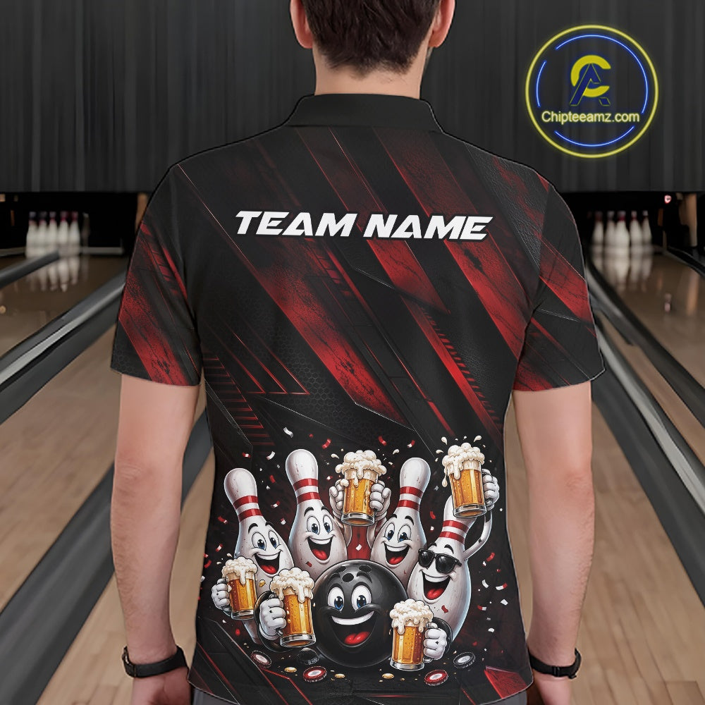 Back view of a male model wearing a black and red bowling polo shirt showcasing cartoon bowling balls and pins celebrating with frothy beer mugs, confetti, and bold diagonal stripe artwork in a bowling lane.