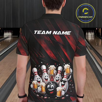 Back view of a male model wearing a black and red bowling polo shirt showcasing cartoon bowling balls and pins celebrating with frothy beer mugs, confetti, and bold diagonal stripe artwork in a bowling lane.