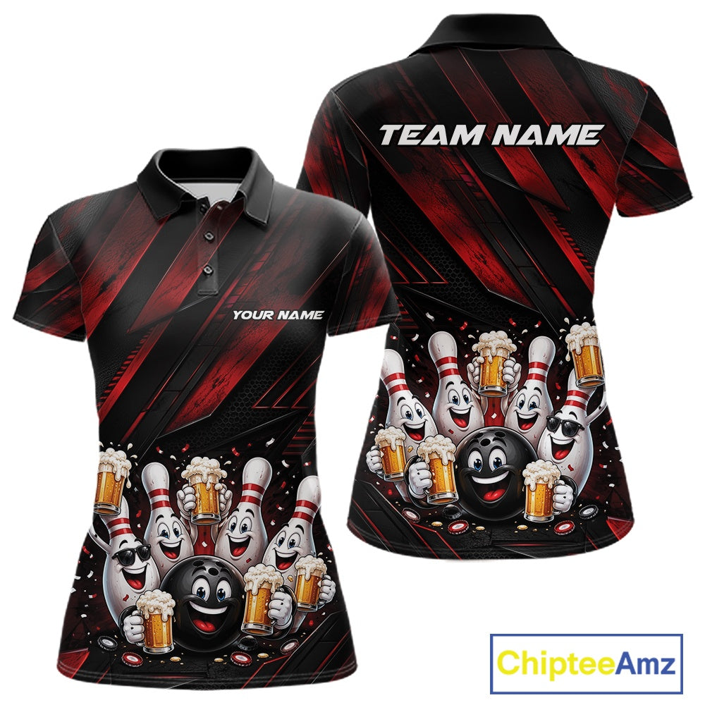 Front and back view of a women's bowling polo shirt mockup featuring funny cartoon bowling balls and pins raising frothy beer mugs with confetti and bold diagonal stripe artwork on a black and red shirt.