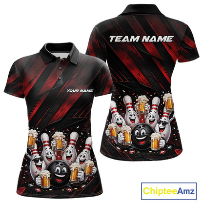Front and back view of a women's bowling polo shirt mockup featuring funny cartoon bowling balls and pins raising frothy beer mugs with confetti and bold diagonal stripe artwork on a black and red shirt.
