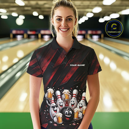 Female model wearing a black and red bowling polo shirt featuring funny cartoon bowling balls and pins raising frothy beer mugs with confetti and bold diagonal stripe accents, shown from the front in a bowling lane.