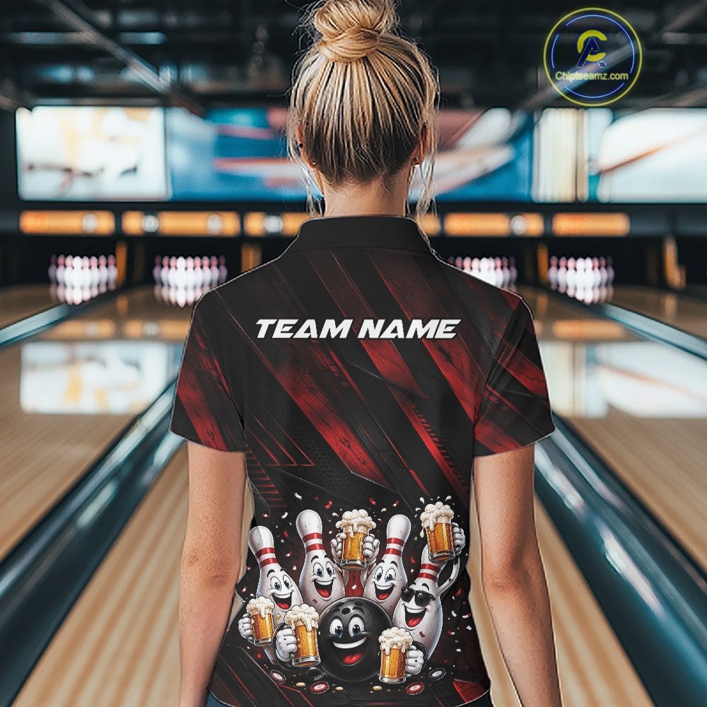 Back view of a female model wearing a black and red bowling polo shirt with festive artwork of cartoon bowling balls and pins celebrating with frothy beer mugs, confetti, and bold diagonal stripes in a bowling lane.