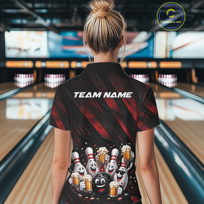 Back view of a female model wearing a black and red bowling polo shirt with festive artwork of cartoon bowling balls and pins celebrating with frothy beer mugs, confetti, and bold diagonal stripes in a bowling lane.