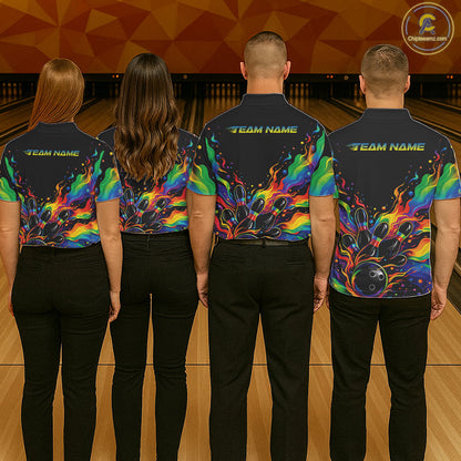 Custom Colorful Rainbow Colors Flame Bowling Men Polo Shirt, Bowling Tournament Shirt IPHW10307