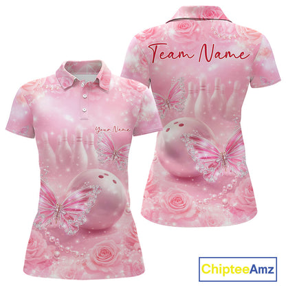 Custom Elegant Roses And Butterfly Women Bowling Polo Shirts, Ladies Bowling Shirt IPHW10313