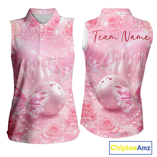 Custom Elegant Roses And Butterfly Women Bowling Sleeveless Polo Shirts, Ladies Bowling Shirt IPHW10313